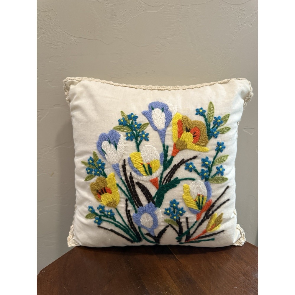 Vintage Hand-Embroidered Floral Throw Pillow with Crochet Trim 13"